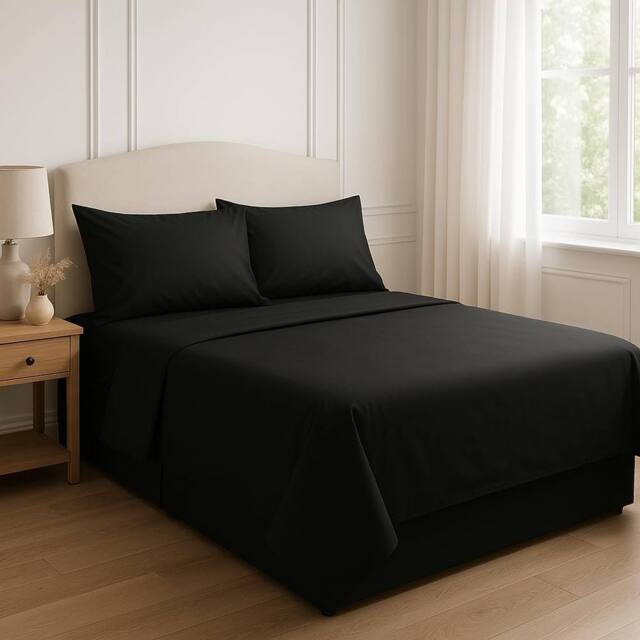 Homes-Linen 180 Thread Count Rich Percale Flat Sheet Polycotton Blend in Black - Size: Single - image 1