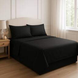 Homes-Linen 180 Thread Count Rich Percale Flat Sheet Polycotton Blend in Black - Size: Single