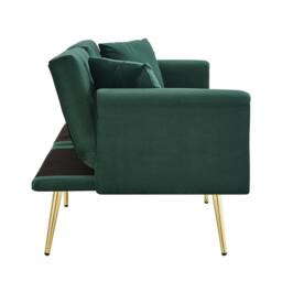 Merax 174cm Velvet Sofa Bed with Fold-Down Cup Holders & Gold Trim in Green - thumbnail 8
