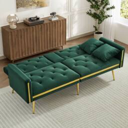 Merax 174cm Velvet Sofa Bed with Fold-Down Cup Holders & Gold Trim in Green - thumbnail 9