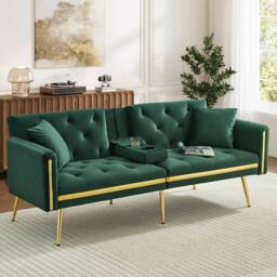 Merax 174cm Velvet Sofa Bed with Fold-Down Cup Holders & Gold Trim in Green - thumbnail 1