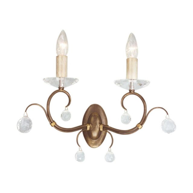 Loops Twin Wall Light Crystal Cut Glass Spheres Bronze Patina LED E14 60W in Clear