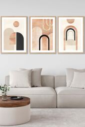 Set of 3 Oak Framed Mid Century Terracotta and Black Arches Wall Art