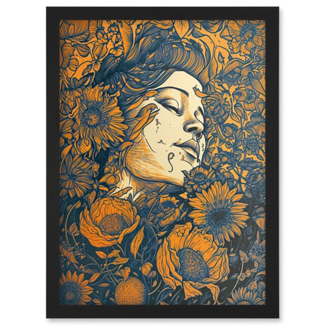 Artery8 Loving Spring Floral Boho Duotone Illustration Artwork Framed Wall Art Print A4 in Black - image 1