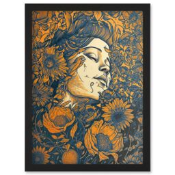 Artery8 Loving Spring Floral Boho Duotone Illustration Artwork Framed Wall Art Print A4 in Black - thumbnail 1