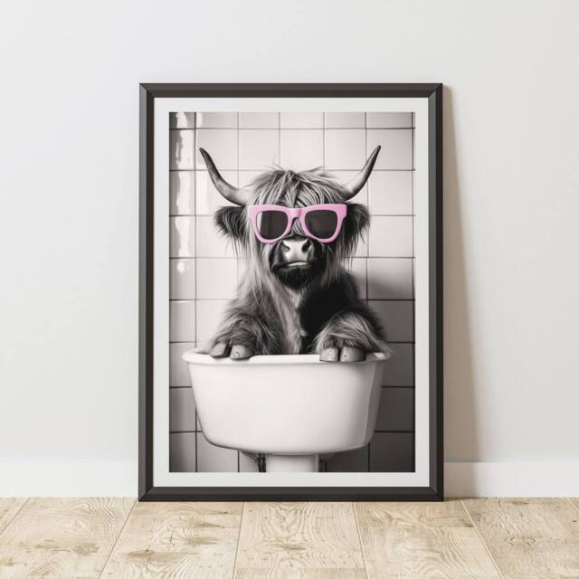 60 SECOND MAKEOVER Highland Cow Pink Glasses Sink Quirky Animal Print - Size: A3 - image 1