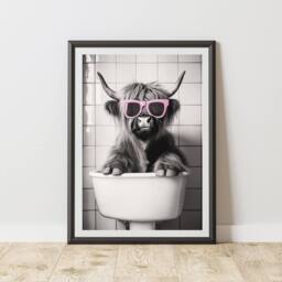 60 SECOND MAKEOVER Highland Cow Pink Glasses Sink Quirky Animal Print - Size: A3