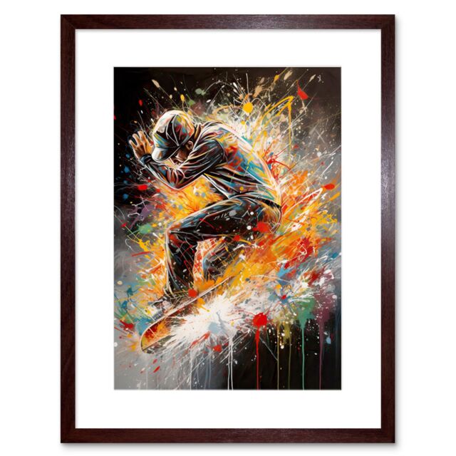 "Artery8 Wall Art Print Skateboarder Vibrant Splat Paint Action Shot Artwork Framed 9X7 Inch in Brown - Size: W7"" x H9""" - image 1