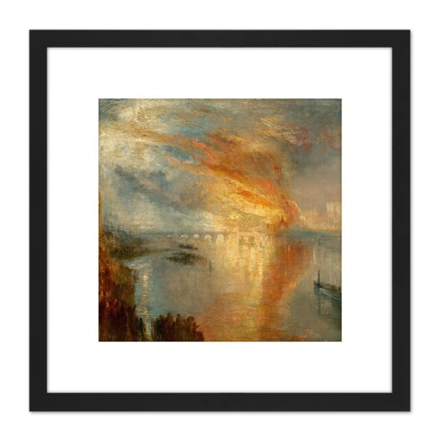Artery8 Turner Burning Houses Lords Commons 1835 8X8 Inch Square Wooden Framed Wall Art Print Picture with Mount in Black - image 1