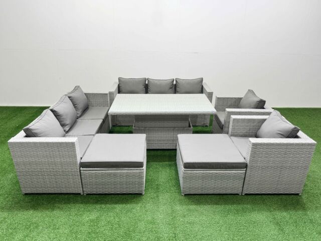 Fimous 7 PCs Rising Dining Table Set Rattan Furniture Set with 3 Seater Sofa in Light Grey - image 1