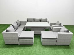 Fimous 7 PCs Rising Dining Table Set Rattan Furniture Set with 3 Seater Sofa in Light Grey - thumbnail 2