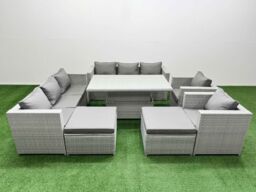 Fimous 7 PCs Rising Dining Table Set Rattan Furniture Set with 3 Seater Sofa in Light Grey - thumbnail 1