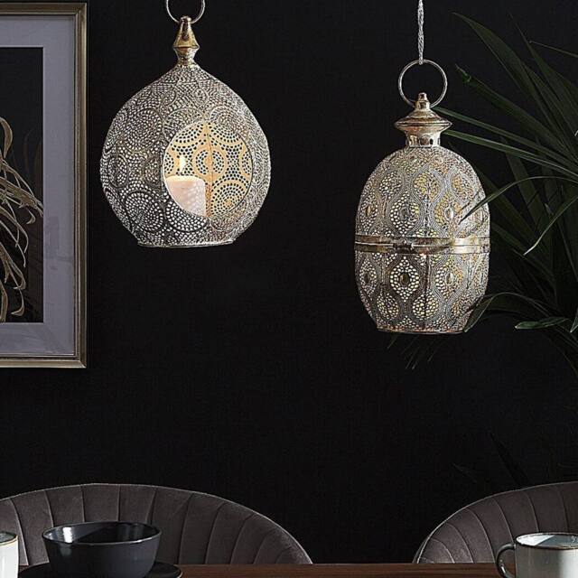 Wyld and Coco 33 cm Distressed Gold Openwork Lantern with Glass Tealight Holder - image 1
