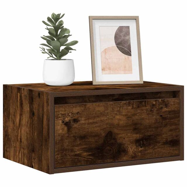 Berkfield Home Wall-mounted Bedside Cabinet with LED Lights Smoked Oak in Brown - image 1