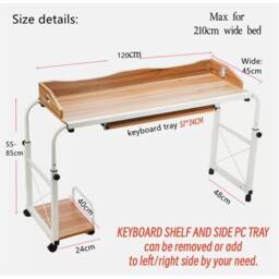 Nordara Overbed Table Height Adjustable Mobile Desk with Laptop Cart & Wheels in Brown - Size: 0.5m x 1m - thumbnail 2