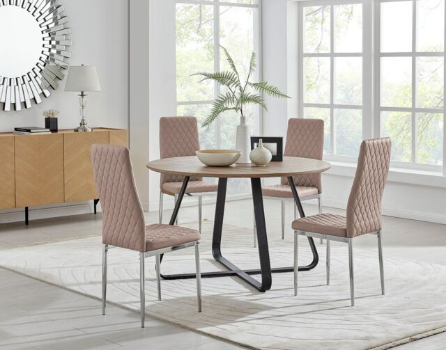 FurnitureboxUK Santorini Brown Wood Contemporary Round Dining Table & 4 Milan Chairs Set in Beige - image 1