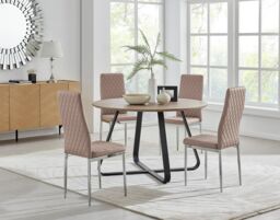 FurnitureboxUK Santorini Brown Wood Contemporary Round Dining Table & 4 Milan Chairs Set in Beige - thumbnail 1