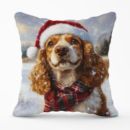 Warren Reed - Designer Snowy Christmas Cocker Spaniel Cushion in Brown - Size: 45 cm x 45 cm - thumbnail 1