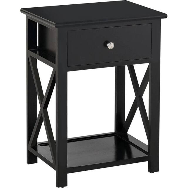 VOGREX Black Wood Side End Table Drawer Storage Nightstand 40cm - image 1