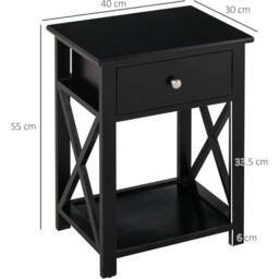 VOGREX Black Wood Side End Table Drawer Storage Nightstand 40cm - thumbnail 2