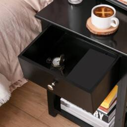 VOGREX Black Wood Side End Table Drawer Storage Nightstand 40cm - thumbnail 4