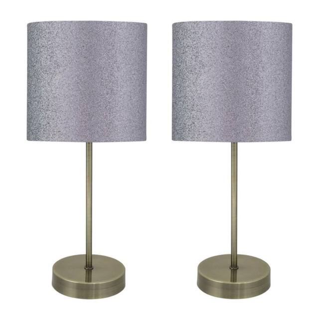 First Choice Lighting Set of 2 Antique Brass Stick Table Lamps with Grey Glitter Shades in Bronze - image 1