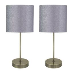 First Choice Lighting Set of 2 Antique Brass Stick Table Lamps with Grey Glitter Shades in Bronze
