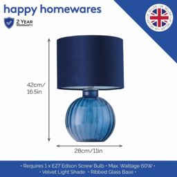 Happy Homewares Contemporary Ribbed Glass Table Lamp with Velvet Fabric Shade in Midnight - thumbnail 4