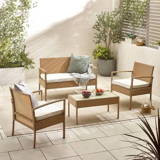 FurnitureboxUK Porto Grey PE Rattan Outdoor Garden 4 Seat Coffee Table & Chairs Set, 2 Chairs 2 Seater Garden Bench in Beige - image 1