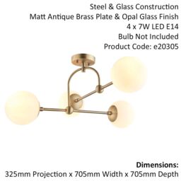 Loops Antique Brass Multi Arm Ceiling Light & Opal Glass Shade 4 Bulb Hanging Pendant in Clear - thumbnail 2