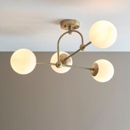 Loops Antique Brass Multi Arm Ceiling Light & Opal Glass Shade 4 Bulb Hanging Pendant in Clear - thumbnail 3