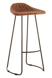 Orsina Light Brown Leather Bar Stool With Footrest, Leather Seat & Sculptural Silhouette, Slim Black Iron Legs