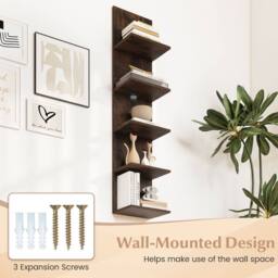 Costway 5-Tier Wall Shelves Wooden Wall-Mounted Organizer for Bedroom in Brown - thumbnail 8