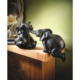 mysmartbuy 2 x Shelf Sitting Elephant Ornaments - Decorative Home Sculptures with Bronze Highlights - Sitting 12 x 9cm, Hanging 8.5 x 17cm