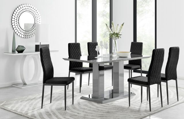 FurnitureboxUK Imperia 6 Grey Dining Table & 6 Velvet Milan Black Leg Chairs - image 1