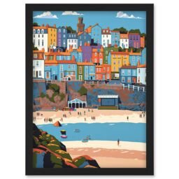 Artery8 Tenby Castle Beach in Wales Colourful Townscape Artwork Framed Wall Art Print A4 in Black - thumbnail 1