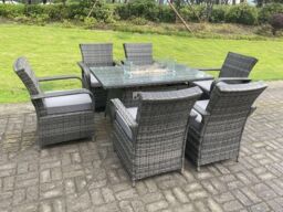 Fimous Rattan Garden Furniture Gas Fire Pit Rectangle Dining Table Gas Heater & Dining Chairs 6 Seater in Dark Grey - thumbnail 1