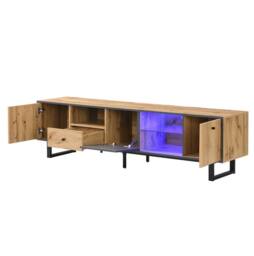 STILVORA TV Stand with LED, Glass Shelves & 3 Doors in Natural - thumbnail 6