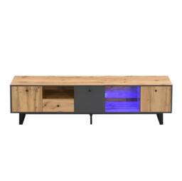 STILVORA TV Stand with LED, Glass Shelves & 3 Doors in Natural - thumbnail 5