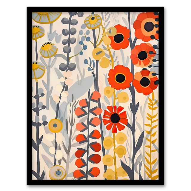 "Artery8 Red Yellow Wildflowers Painting Rustic Floral Framed Art Print - Size: W12"" x H16""" - image 1