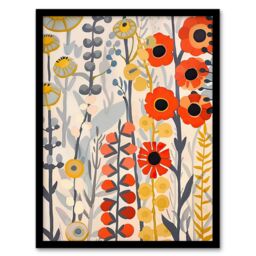 "Artery8 Red Yellow Wildflowers Painting Rustic Floral Framed Art Print - Size: W12"" x H16""" - thumbnail 1