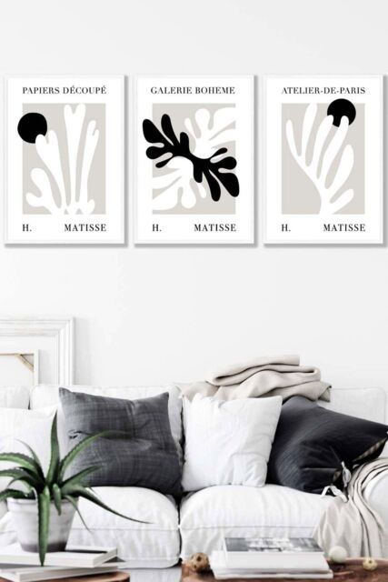 ARTZE Set of 3 White Framed Matisse Floral Cut Out Style in Black & Beige Wall Art - Size: W33 cm x H45 cm x D20mm - image 1