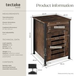 tectake Bedside Table Waterford 40X42X60.5Cm With Shelf, Drawer, & Cupboard in Brown - Size: 40X42X60.5 cm - thumbnail 6