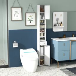 Gymax Slim Bathroom Tall Cabinet Cupboard With 2 Doors & Adjustable Shelves in White - thumbnail 5