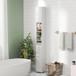 Gymax Slim Bathroom Tall Cabinet Cupboard With 2 Doors & Adjustable Shelves in White - thumbnail 3