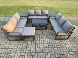 Fimous Aluminium Outdoor Garden Furniture Set Lounge Sofa Oblong Coffee Table 3 Footstools 2 Side Tables Sets with Cushions Dark Grey - thumbnail 1