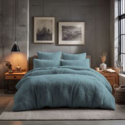 Snug City Teddy Bear Fleece Soft Cosy Duvet Cover + Pillow Case Set in Blue - Size: Double - thumbnail 1