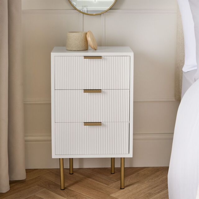 OHS Ribbed 3-Drawer Bedside Cabinet Engineered Wood Nightstand Office in White - image 1
