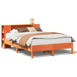 Berkfield Home Bookcase Bed Frame Wax Brown 135x190 cm Double Solid Wood Pine - thumbnail 1