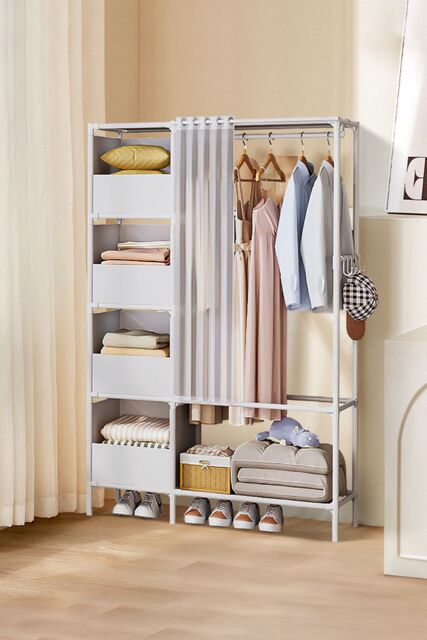 Living and Home Freestanding Portable Metal Clothes Closet Bedroom Cabinet with Storage Basket Garment Rack in White - image 1